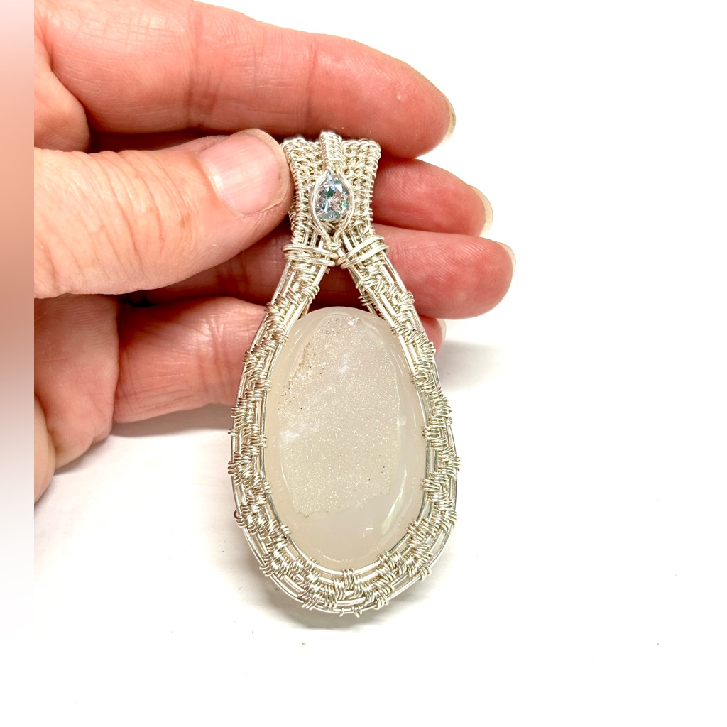Handmade Druzy Agate Cubic Zirconia Wire Wrapped Silver Plated Copper Pendant